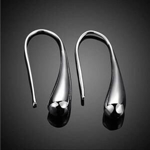 Simple smooth silver tone tear drop design hook earrings